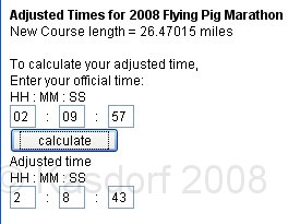 Flying Pig 2009 0500.jpg - They created a quick tool to adjust your time down by the .25 miles. It only makes a difference if you wanted to use it for qualifying for another race. I already have a better half marathon time so it didn't matter, but to compare other personal bests against it is still nice to seet.